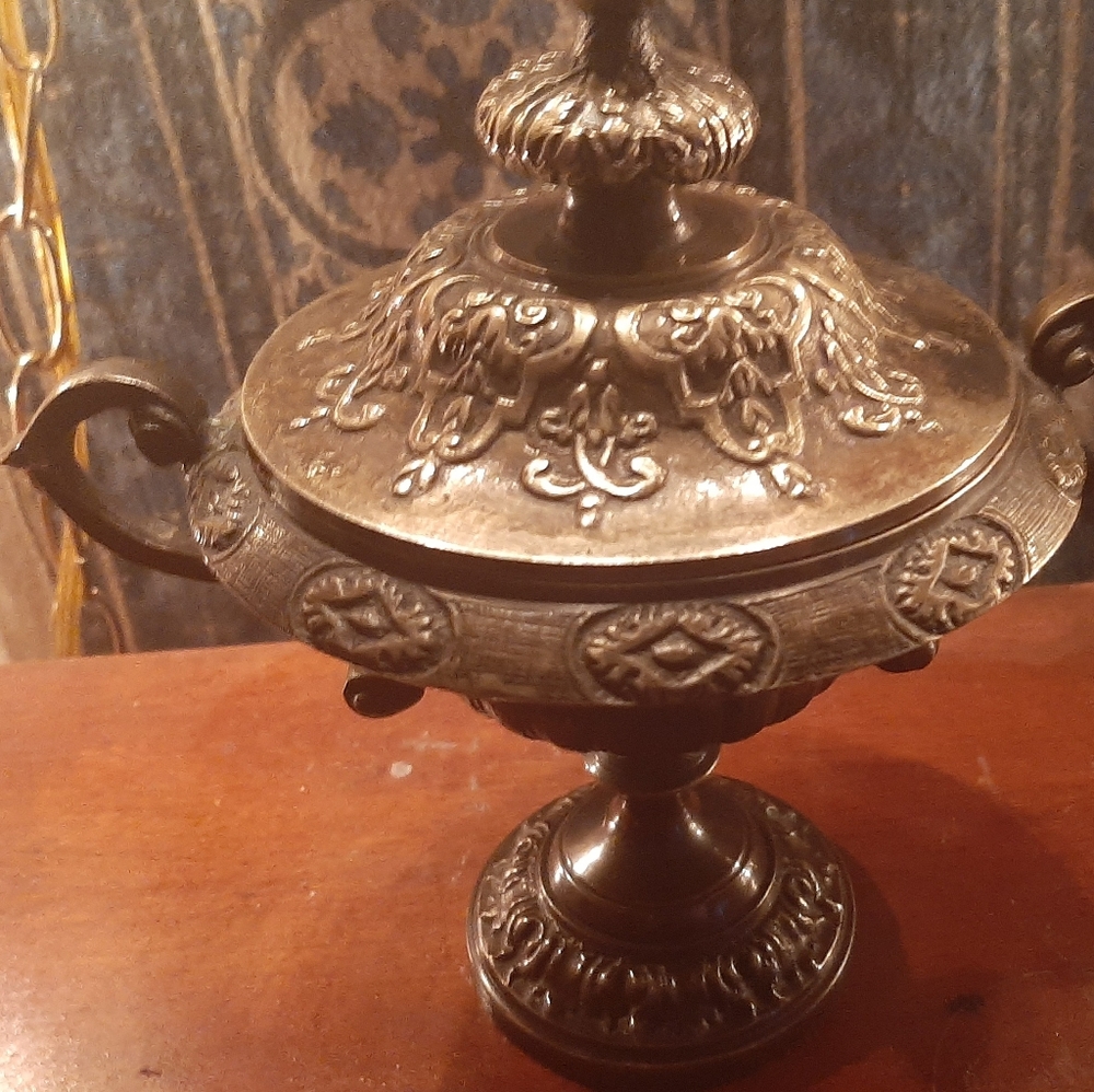 Unique Vintage Brass Covered Pedestal Dish With Ha